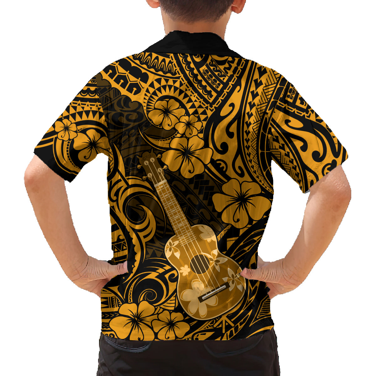 Hawaii Ukulele Family Matching Long Sleeve Bodycon Dress and Hawaiian Shirt Polynesian Pattern Gold Version LT01 - Polynesian Pride