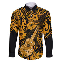 Hawaii Ukulele Family Matching Off Shoulder Maxi Dress and Hawaiian Shirt Polynesian Pattern Gold Version LT01 Dad's Shirt - Long Sleeve Gold - Polynesian Pride