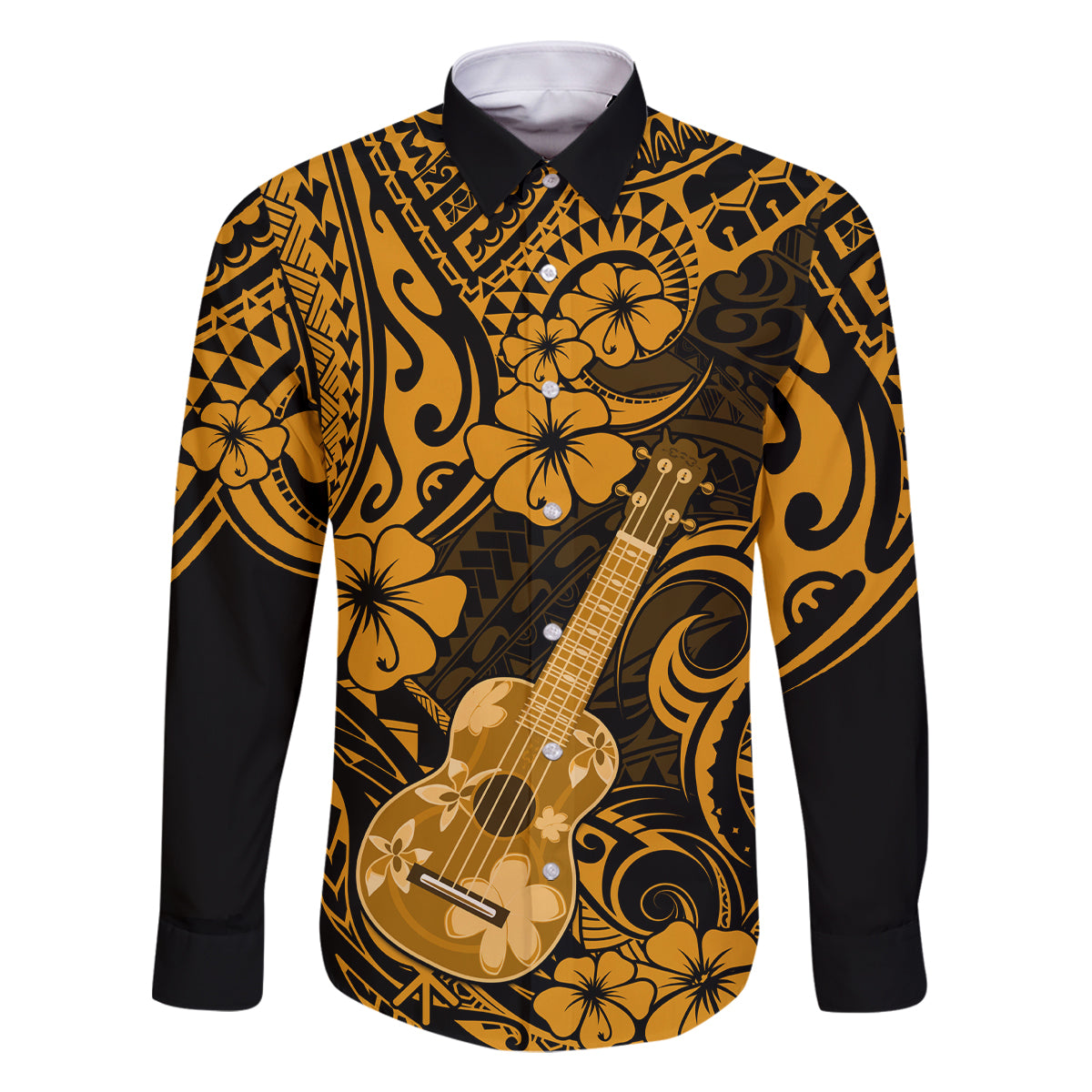 Hawaii Ukulele Family Matching Off Shoulder Short Dress and Hawaiian Shirt Polynesian Pattern Gold Version LT01 Dad's Shirt - Long Sleeve Gold - Polynesian Pride