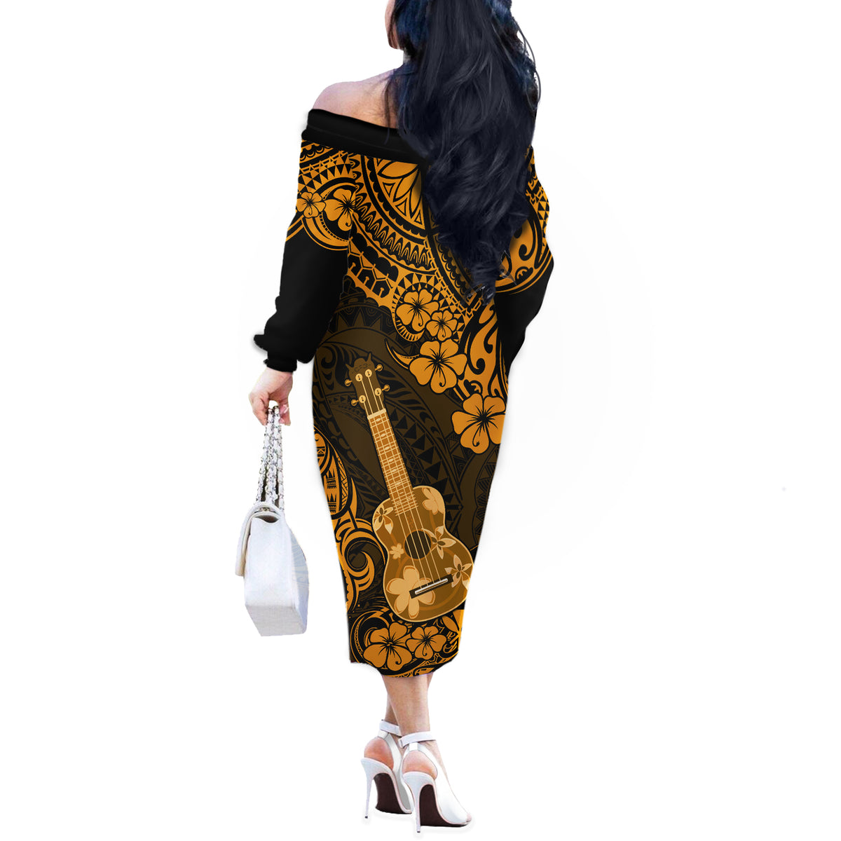 Hawaii Ukulele Off The Shoulder Long Sleeve Dress Polynesian Pattern Gold Version LT01 - Polynesian Pride