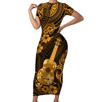 Hawaii Ukulele Short Sleeve Bodycon Dress Polynesian Pattern Gold Version LT01 Long Dress Gold - Polynesian Pride