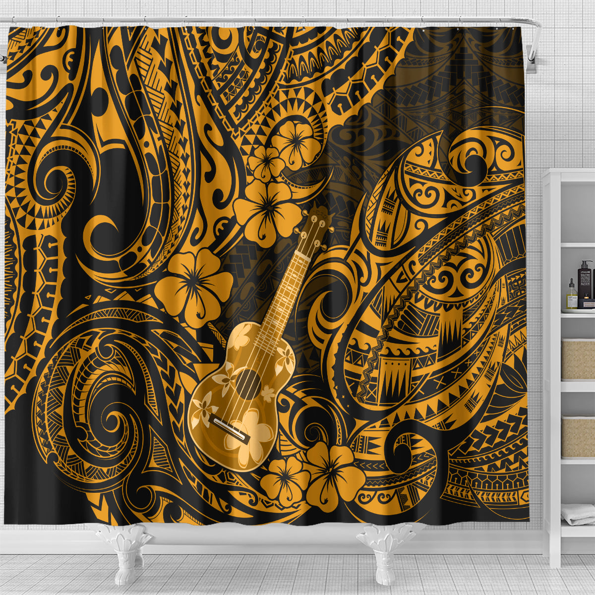 Hawaii Ukulele Shower Curtain Polynesian Pattern Gold Version LT01 - Polynesian Pride
