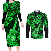Hawaii Ukulele Couples Matching Long Sleeve Bodycon Dress and Long Sleeve Button Shirts Polynesian Pattern Green Version LT01 Green - Polynesian Pride