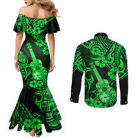 Hawaii Ukulele Couples Matching Mermaid Dress and Long Sleeve Button Shirts Polynesian Pattern Green Version LT01 - Polynesian Pride