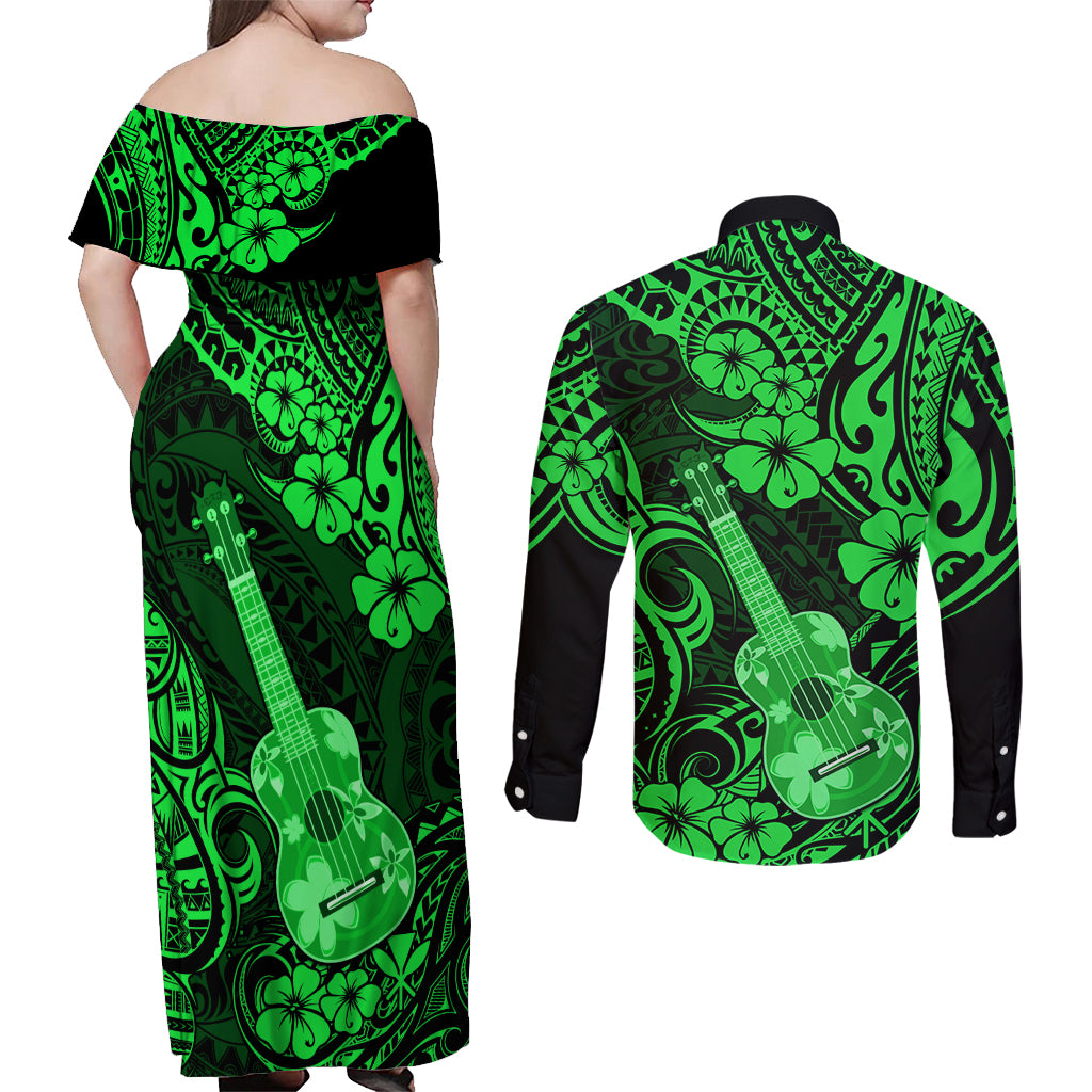 Hawaii Ukulele Couples Matching Off Shoulder Maxi Dress and Long Sleeve Button Shirts Polynesian Pattern Green Version LT01 - Polynesian Pride