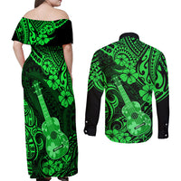 Hawaii Ukulele Couples Matching Off Shoulder Maxi Dress and Long Sleeve Button Shirts Polynesian Pattern Green Version LT01 - Polynesian Pride