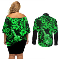 Hawaii Ukulele Couples Matching Off Shoulder Short Dress and Long Sleeve Button Shirts Polynesian Pattern Green Version LT01 - Polynesian Pride