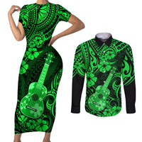 Hawaii Ukulele Couples Matching Short Sleeve Bodycon Dress and Long Sleeve Button Shirts Polynesian Pattern Green Version LT01 Green - Polynesian Pride