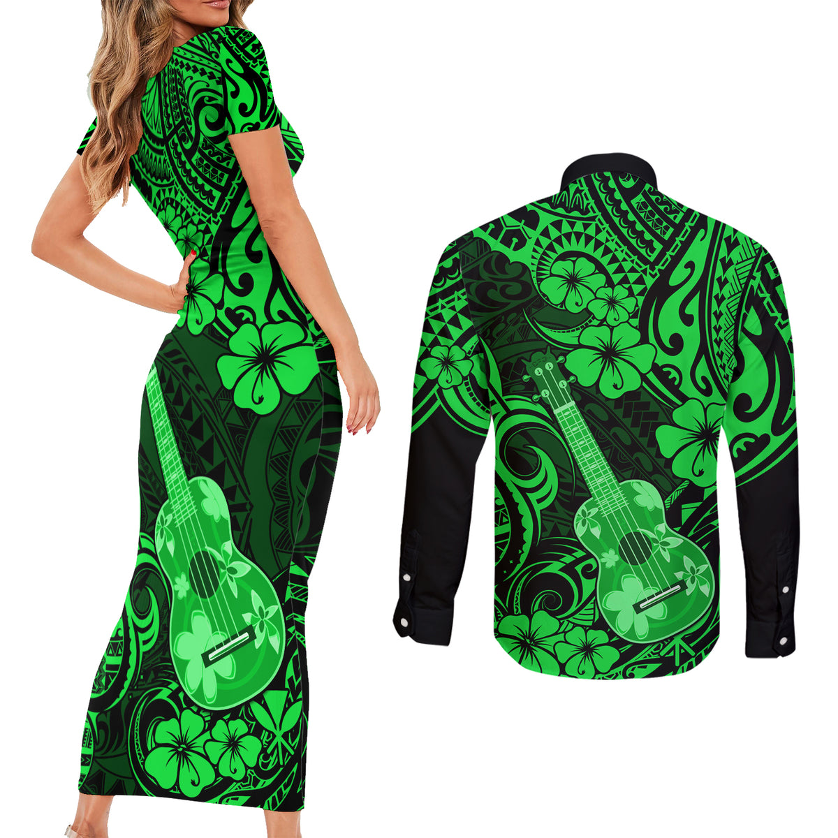 Hawaii Ukulele Couples Matching Short Sleeve Bodycon Dress and Long Sleeve Button Shirts Polynesian Pattern Green Version LT01 - Polynesian Pride