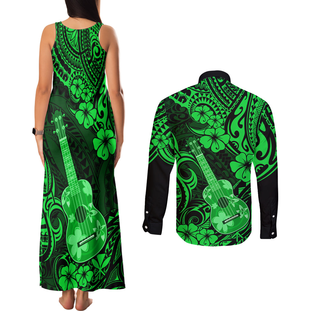 Hawaii Ukulele Couples Matching Tank Maxi Dress and Long Sleeve Button Shirts Polynesian Pattern Green Version LT01 - Polynesian Pride