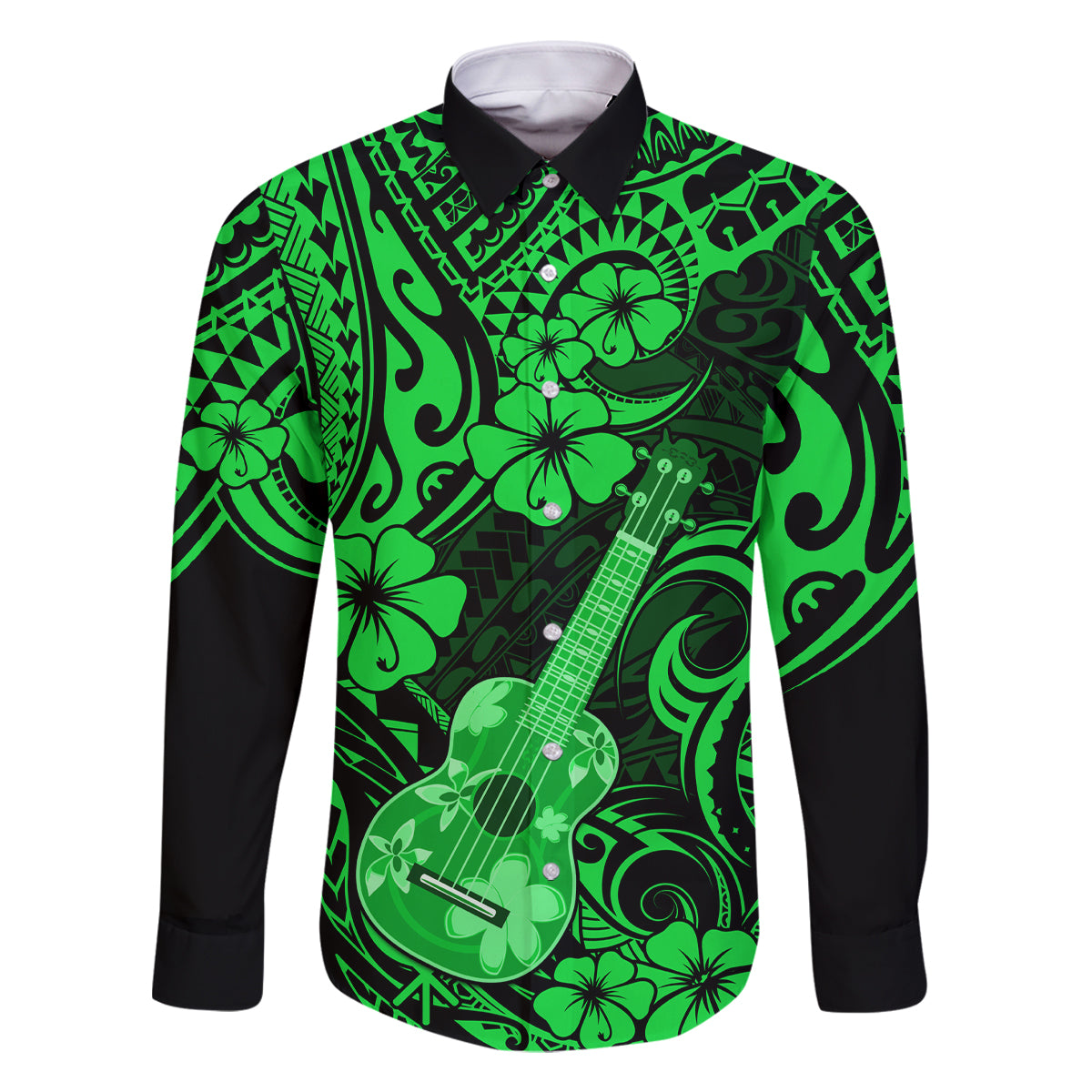 Hawaii Ukulele Family Matching Off Shoulder Short Dress and Hawaiian Shirt Polynesian Pattern Green Version LT01 Dad's Shirt - Long Sleeve Green - Polynesian Pride