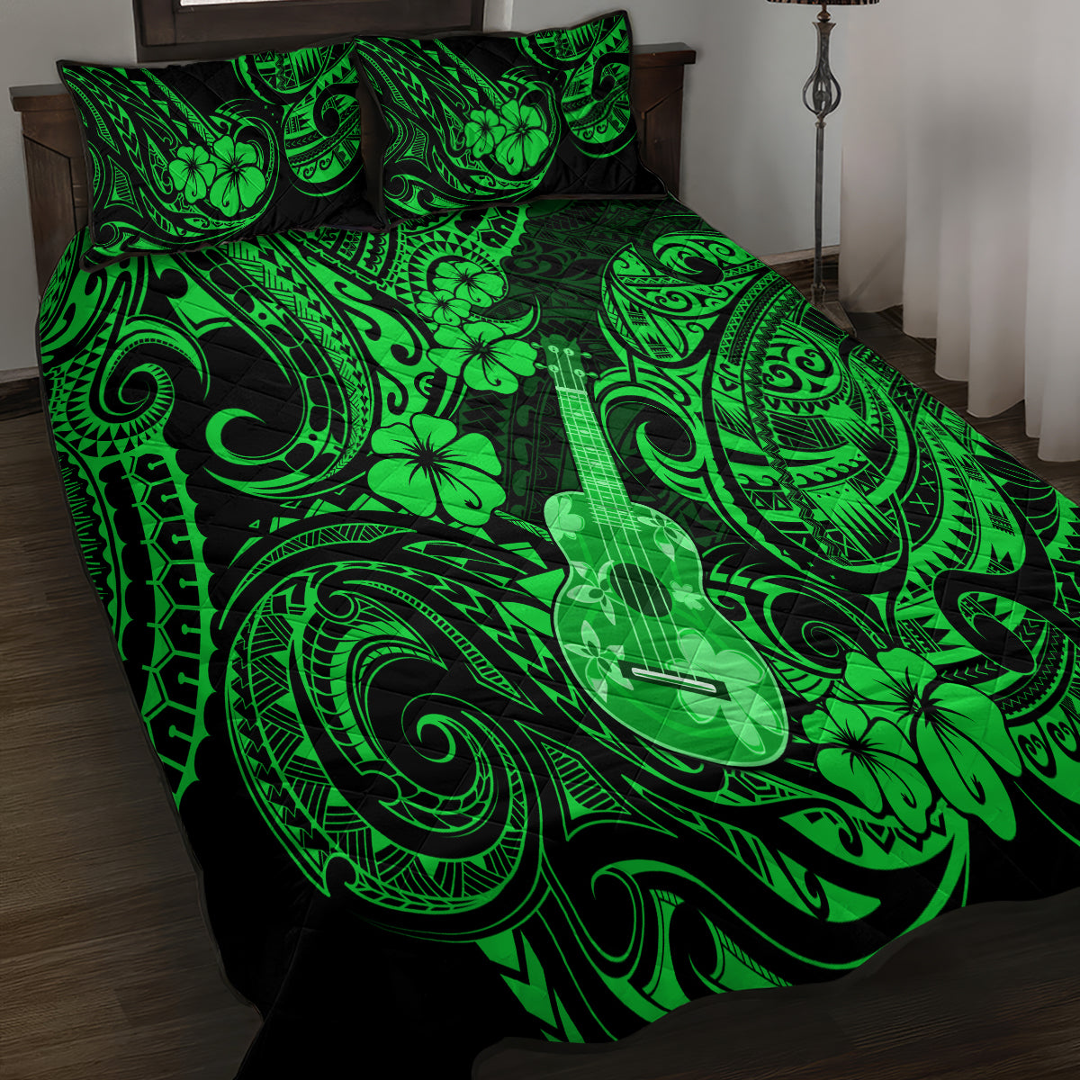 Hawaii Ukulele Quilt Bed Set Polynesian Pattern Green Version LT01 - Polynesian Pride