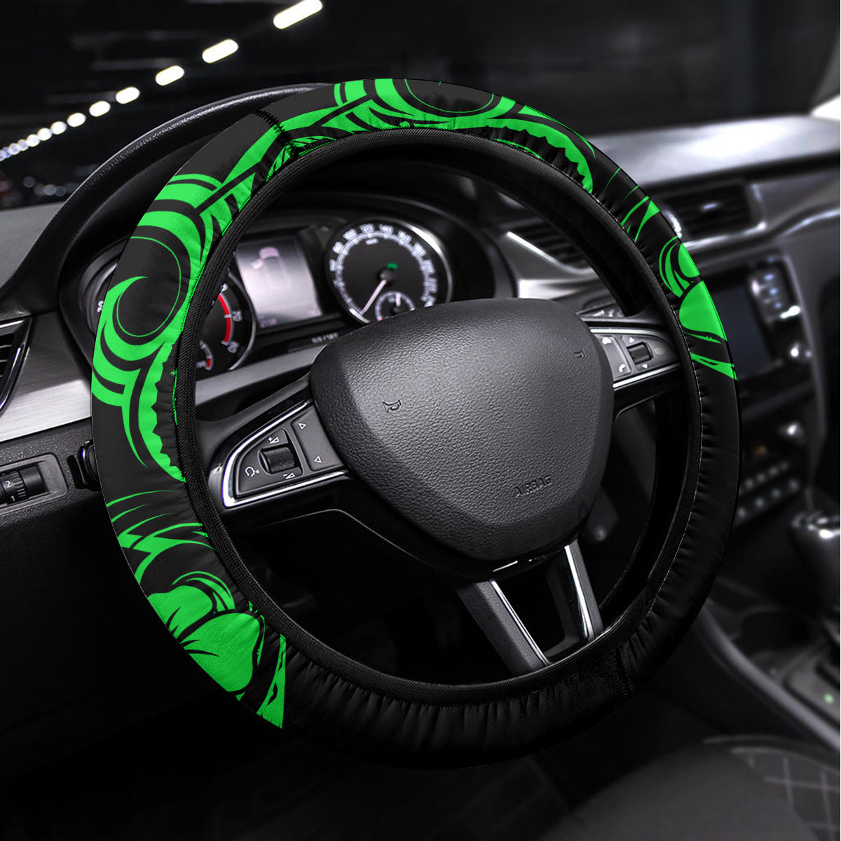 Hawaii Ukulele Steering Wheel Cover Polynesian Pattern Green Version