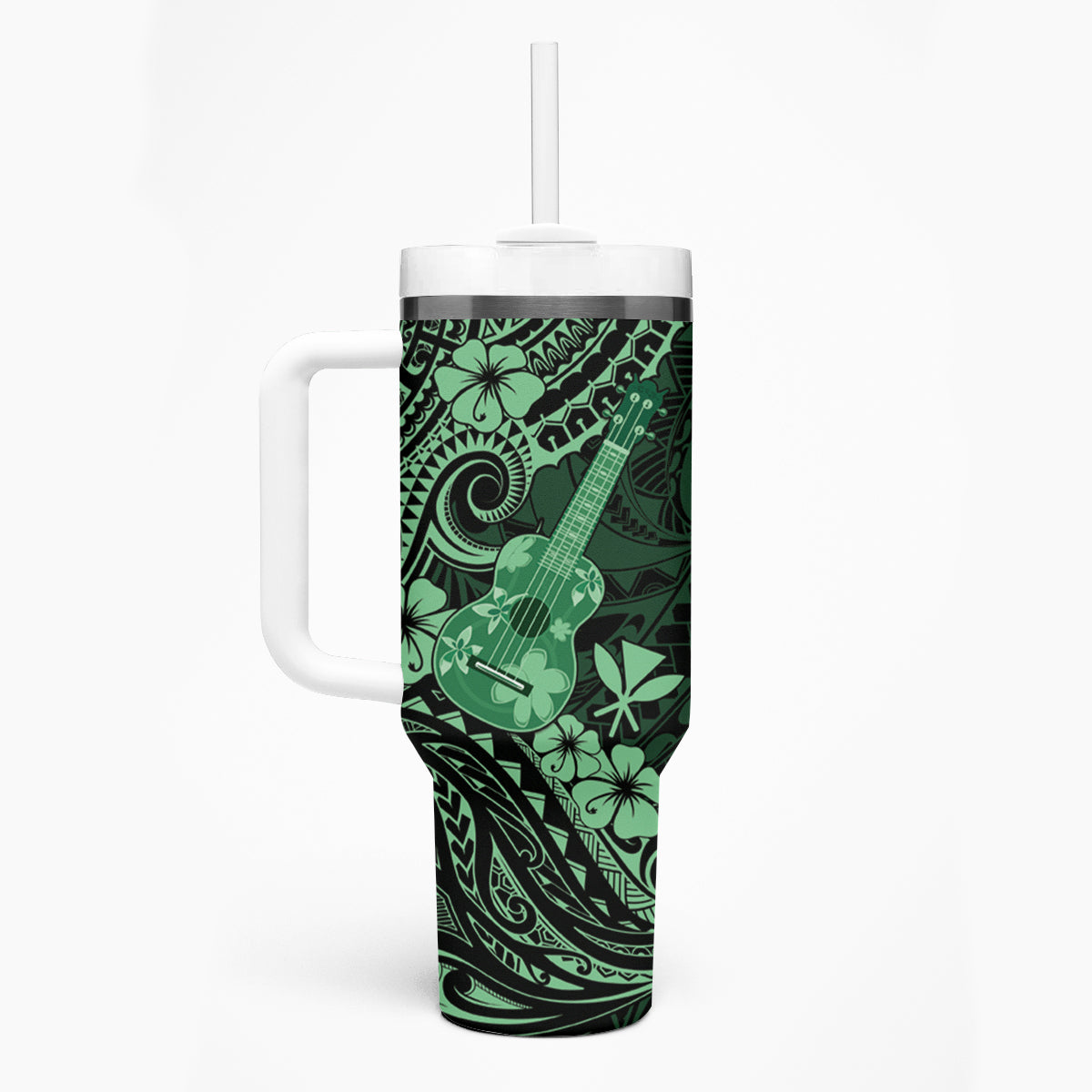 Hawaii Ukulele Tumbler With Handle Polynesian Pattern Green Version
