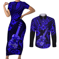 Hawaii Ukulele Couples Matching Short Sleeve Bodycon Dress and Long Sleeve Button Shirts Polynesian Pattern Navy Blue Version LT01 Blue - Polynesian Pride