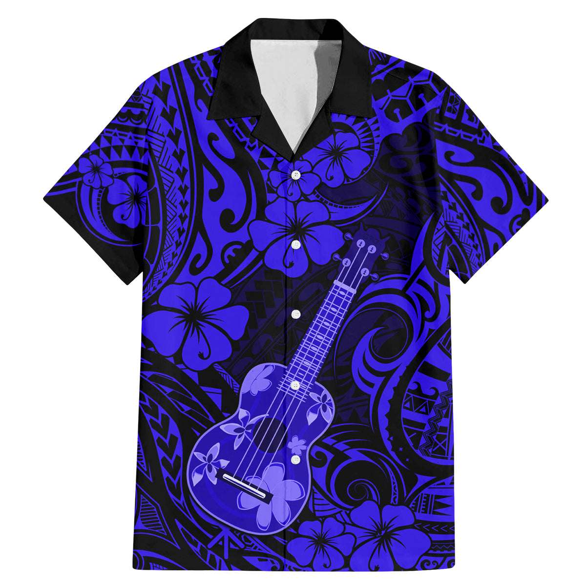 Hawaii Ukulele Family Matching Mermaid Dress and Hawaiian Shirt Polynesian Pattern Navy Blue Version LT01 Dad's Shirt - Short Sleeve Blue - Polynesian Pride