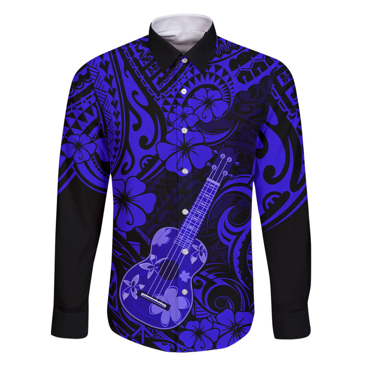 Hawaii Ukulele Family Matching Off Shoulder Long Sleeve Dress and Hawaiian Shirt Polynesian Pattern Navy Blue Version LT01 Dad's Shirt - Long Sleeve Blue - Polynesian Pride
