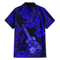 Hawaii Ukulele Family Matching Off Shoulder Short Dress and Hawaiian Shirt Polynesian Pattern Navy Blue Version LT01 - Polynesian Pride
