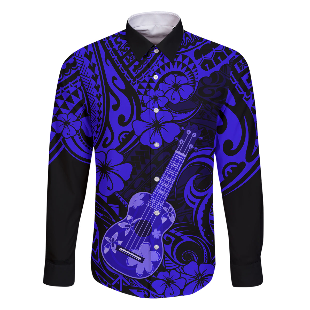 Hawaii Ukulele Family Matching Puletasi Dress and Hawaiian Shirt Polynesian Pattern Navy Blue Version LT01 Dad's Shirt - Long Sleeve Blue - Polynesian Pride