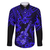 Hawaii Ukulele Family Matching Puletasi Dress and Hawaiian Shirt Polynesian Pattern Navy Blue Version LT01 Dad's Shirt - Long Sleeve Blue - Polynesian Pride