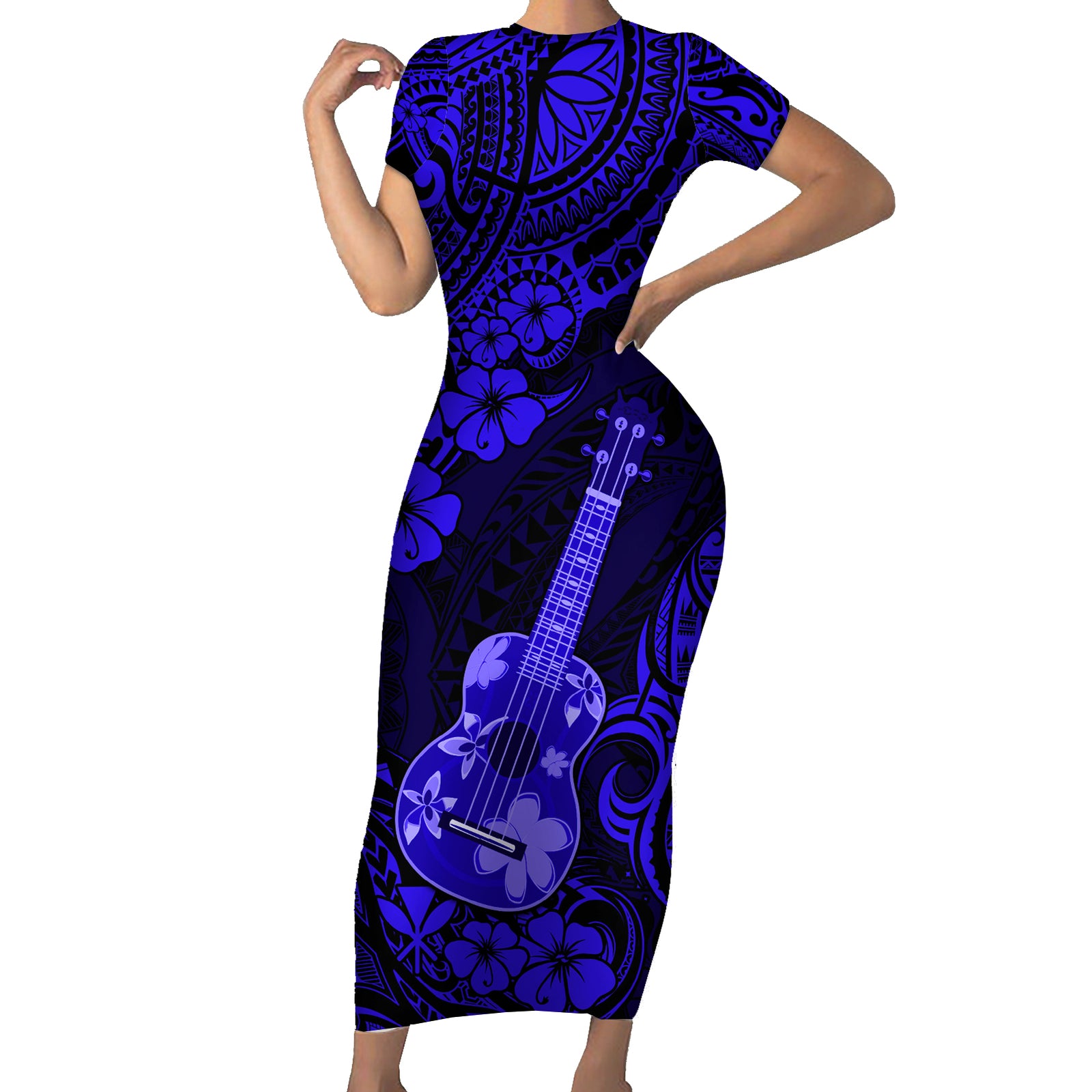 Hawaii Ukulele Short Sleeve Bodycon Dress Polynesian Pattern Navy Blue Version LT01 Long Dress Blue - Polynesian Pride