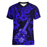 Hawaii Ukulele Women V Neck T Shirt Polynesian Pattern Navy Blue Version LT01 Female Blue - Polynesian Pride