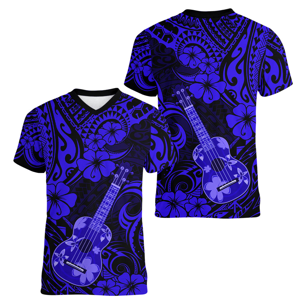 Hawaii Ukulele Women V Neck T Shirt Polynesian Pattern Navy Blue Version LT01 - Polynesian Pride