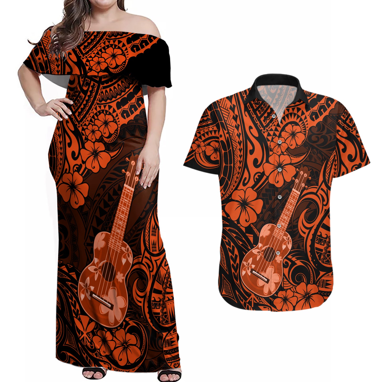 Hawaii Ukulele Couples Matching Off Shoulder Maxi Dress and Hawaiian Shirt Polynesian Pattern Orange Version LT01 Orange - Polynesian Pride