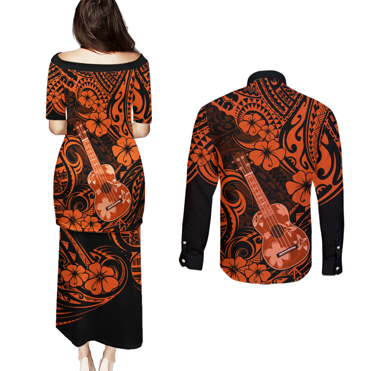 Hawaii Ukulele Couples Matching Puletasi Dress and Long Sleeve Button Shirts Polynesian Pattern Orange Version LT01 - Polynesian Pride