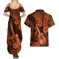 Hawaii Ukulele Couples Matching Summer Maxi Dress and Hawaiian Shirt Polynesian Pattern Orange Version LT01 - Polynesian Pride
