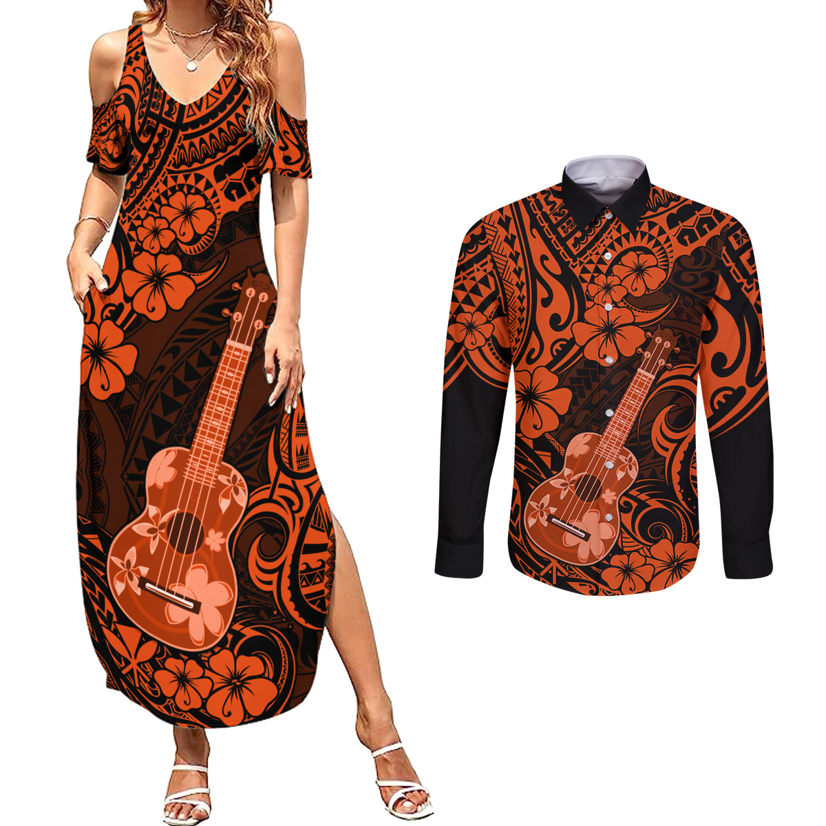 Hawaii Ukulele Couples Matching Summer Maxi Dress and Long Sleeve Button Shirts Polynesian Pattern Orange Version LT01 Orange - Polynesian Pride