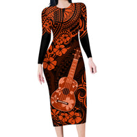 Hawaii Ukulele Family Matching Long Sleeve Bodycon Dress and Hawaiian Shirt Polynesian Pattern Orange Version LT01 Mom's Dress Orange - Polynesian Pride