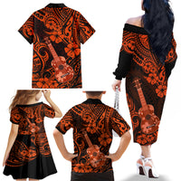 Hawaii Ukulele Family Matching Off Shoulder Long Sleeve Dress and Hawaiian Shirt Polynesian Pattern Orange Version LT01 - Polynesian Pride