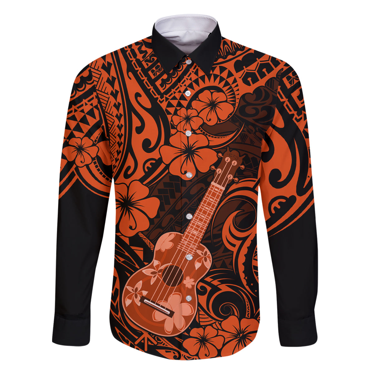 Hawaii Ukulele Family Matching Off Shoulder Long Sleeve Dress and Hawaiian Shirt Polynesian Pattern Orange Version LT01 Dad's Shirt - Long Sleeve Orange - Polynesian Pride