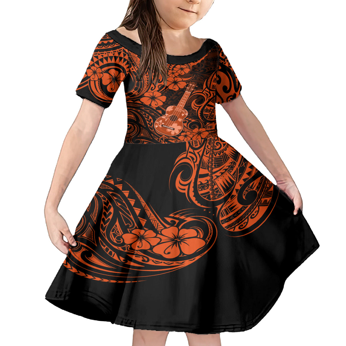 Hawaii Ukulele Family Matching Summer Maxi Dress and Hawaiian Shirt Polynesian Pattern Orange Version LT01 Daughter's Dress Orange - Polynesian Pride