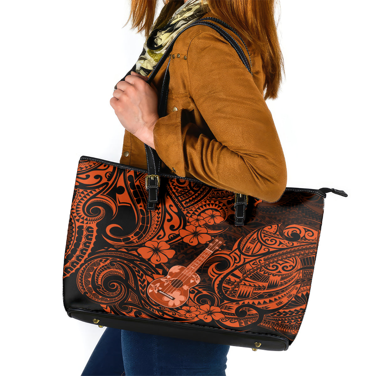 Hawaii Ukulele Leather Tote Bag Polynesian Pattern Orange Version LT01 Orange - Polynesian Pride