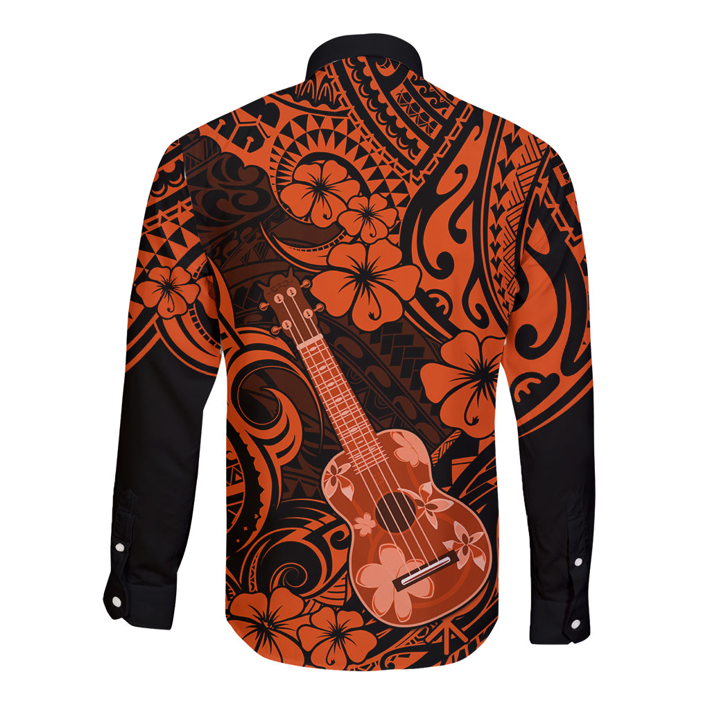 Hawaii Ukulele Long Sleeve Button Shirt Polynesian Pattern Orange Version LT01 - Polynesian Pride