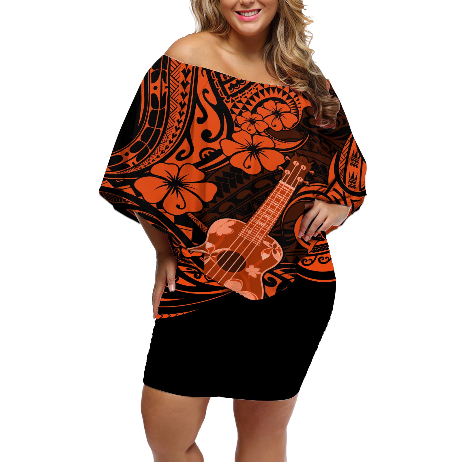 Hawaii Ukulele Off Shoulder Short Dress Polynesian Pattern Orange Version LT01 Women Orange - Polynesian Pride