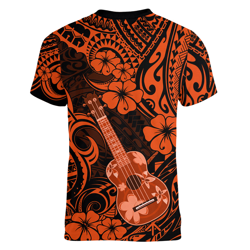 Hawaii Ukulele Women V Neck T Shirt Polynesian Pattern Orange Version LT01 - Polynesian Pride
