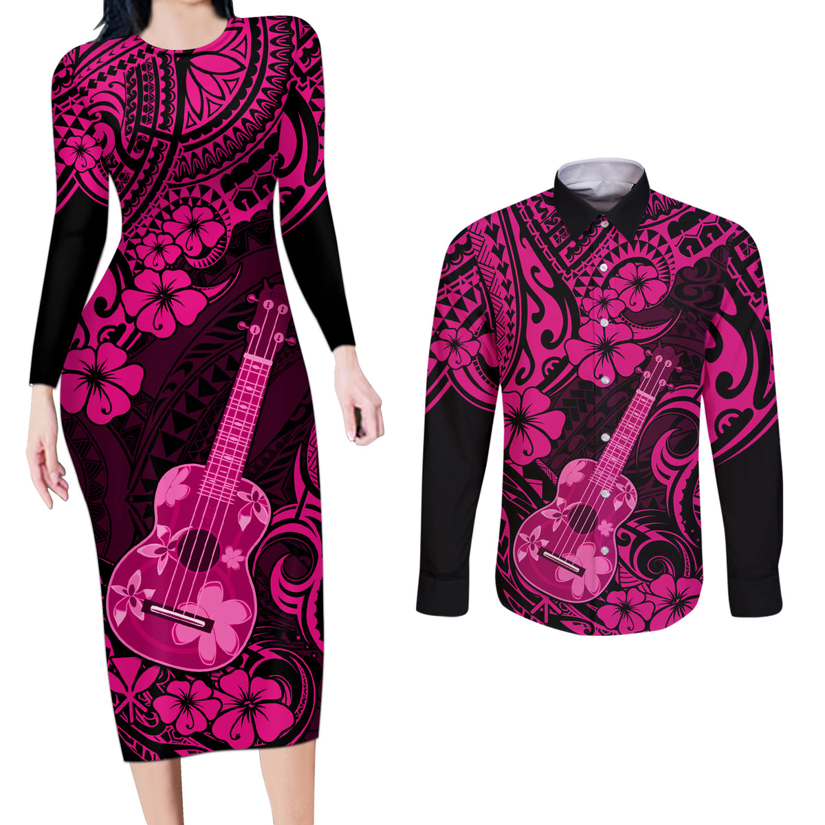 Hawaii Ukulele Couples Matching Long Sleeve Bodycon Dress and Long Sleeve Button Shirts Polynesian Pattern Pink Version LT01 Pink - Polynesian Pride