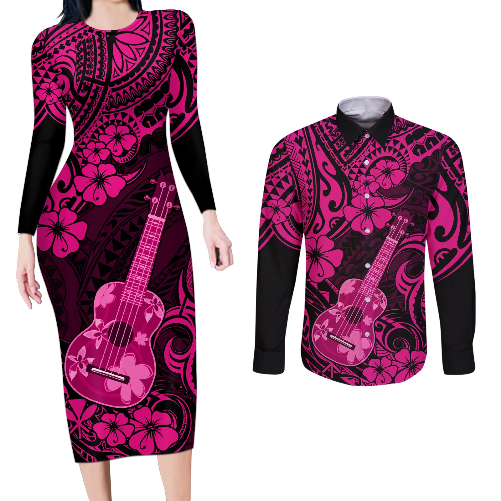 Hawaii Ukulele Couples Matching Long Sleeve Bodycon Dress and Long Sleeve Button Shirts Polynesian Pattern Pink Version LT01 Pink - Polynesian Pride
