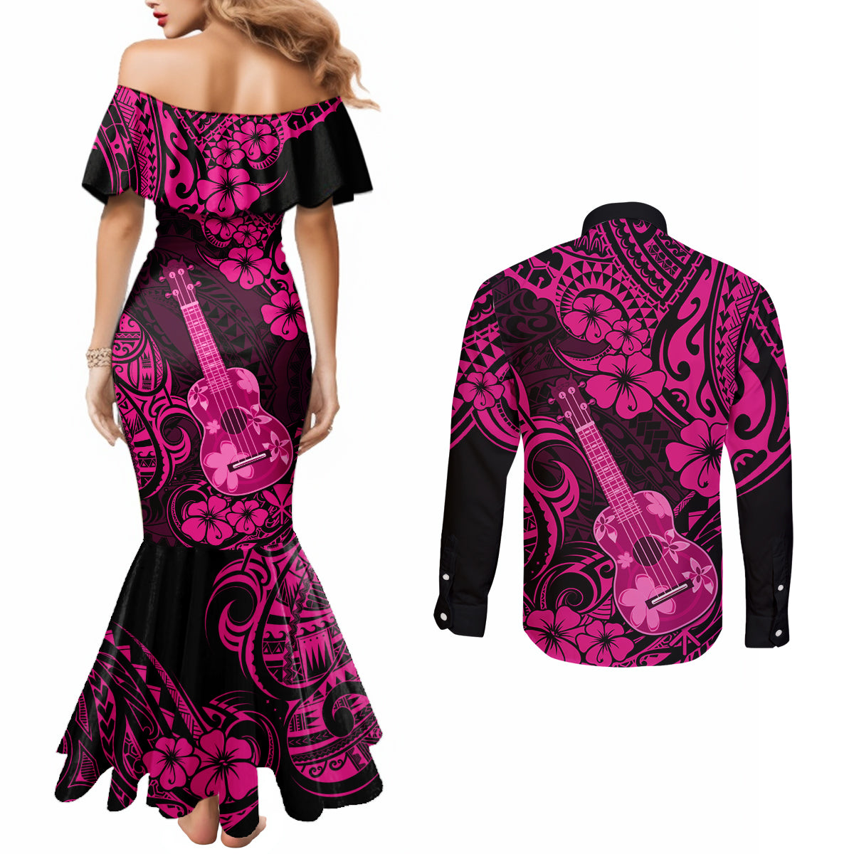 Hawaii Ukulele Couples Matching Mermaid Dress and Long Sleeve Button Shirts Polynesian Pattern Pink Version LT01 - Polynesian Pride