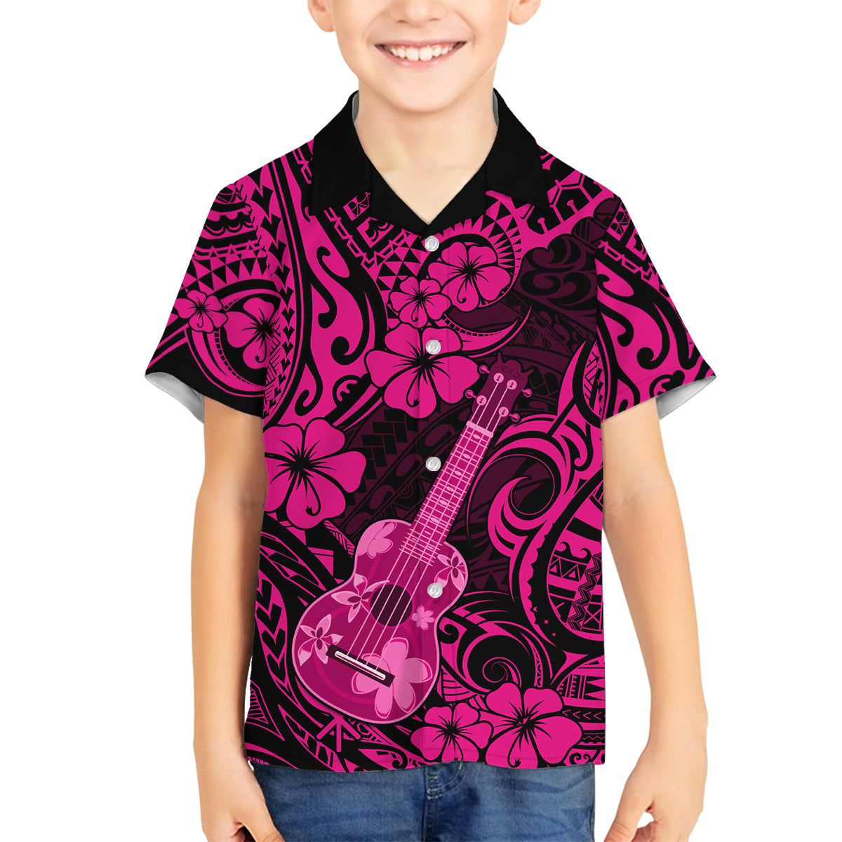 Hawaii Ukulele Family Matching Long Sleeve Bodycon Dress and Hawaiian Shirt Polynesian Pattern Pink Version LT01 Son's Shirt Pink - Polynesian Pride