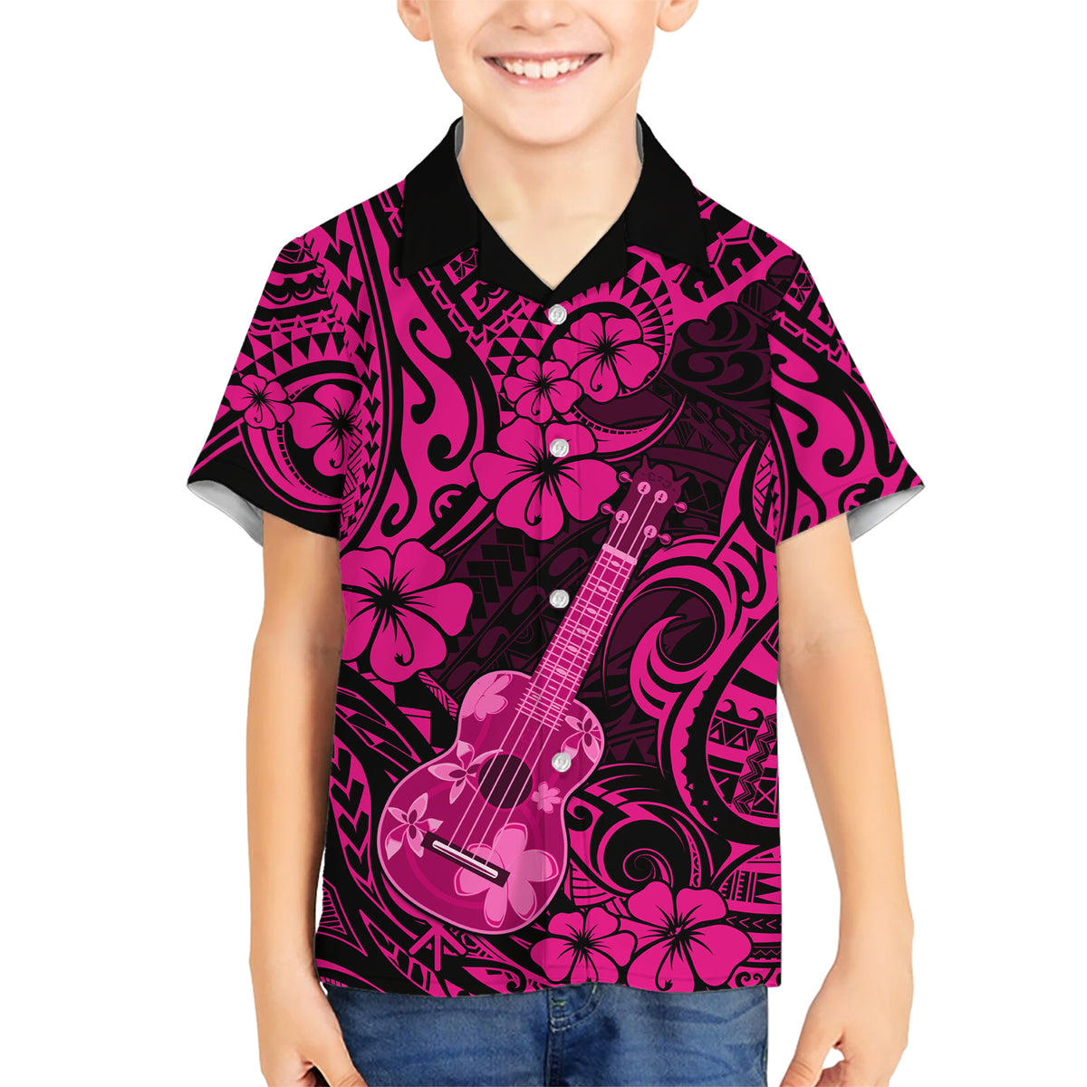 Hawaii Ukulele Kid Hawaiian Shirt Polynesian Pattern Pink Version LT01 Kid Pink - Polynesian Pride
