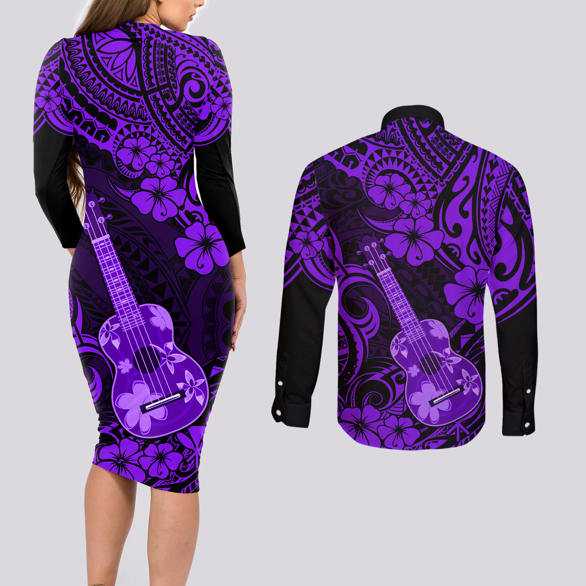 Hawaii Ukulele Couples Matching Long Sleeve Bodycon Dress and Long Sleeve Button Shirts Polynesian Pattern Purple Version LT01 - Polynesian Pride