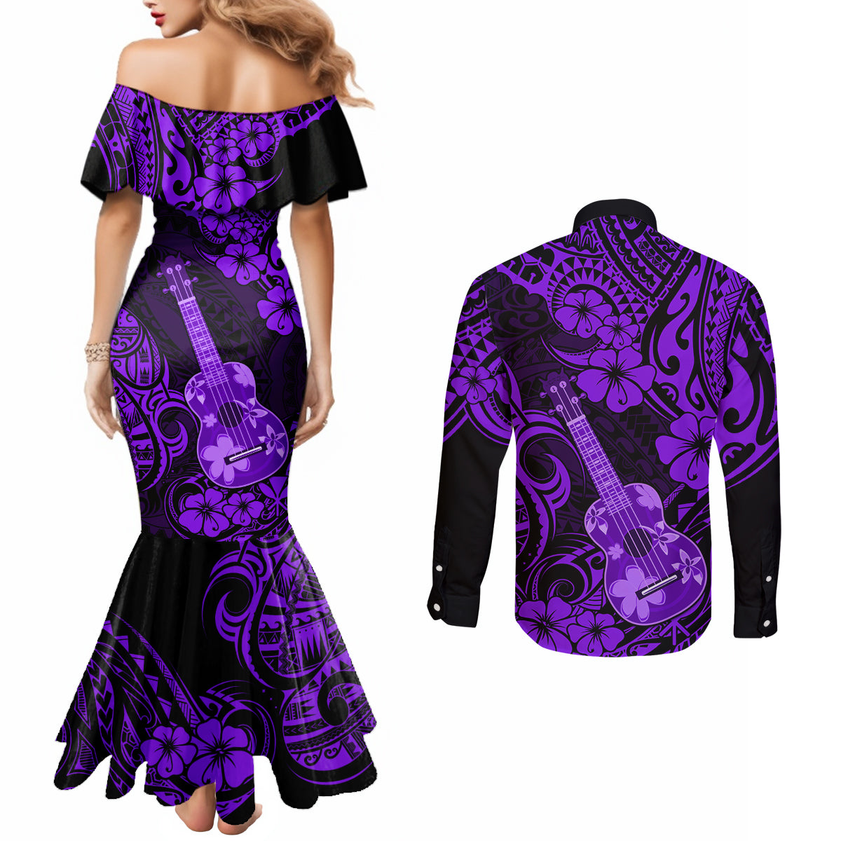 Hawaii Ukulele Couples Matching Mermaid Dress and Long Sleeve Button Shirts Polynesian Pattern Purple Version LT01 - Polynesian Pride