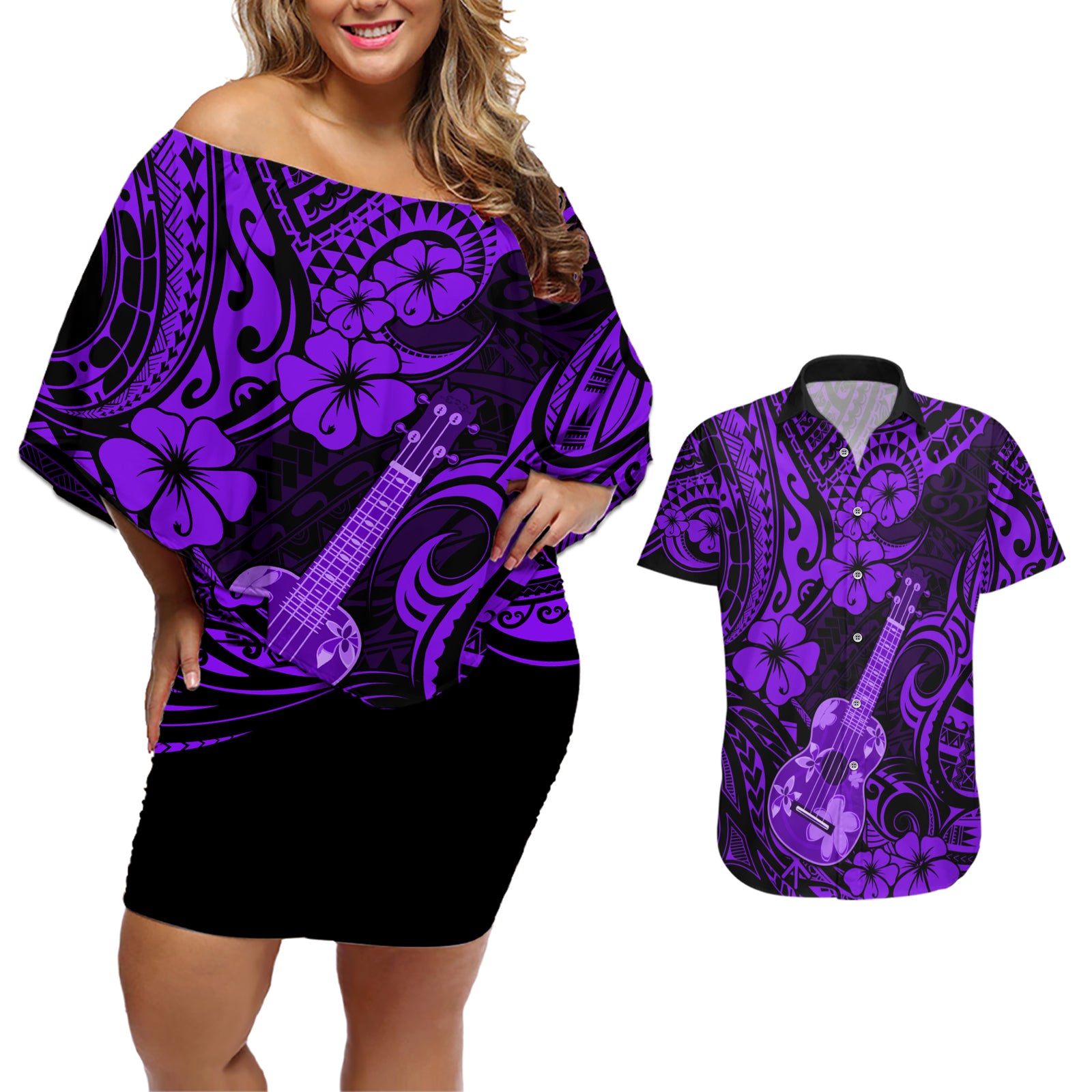 Hawaii Ukulele Couples Matching Off Shoulder Short Dress and Hawaiian Shirt Polynesian Pattern Purple Version LT01 Purple - Polynesian Pride