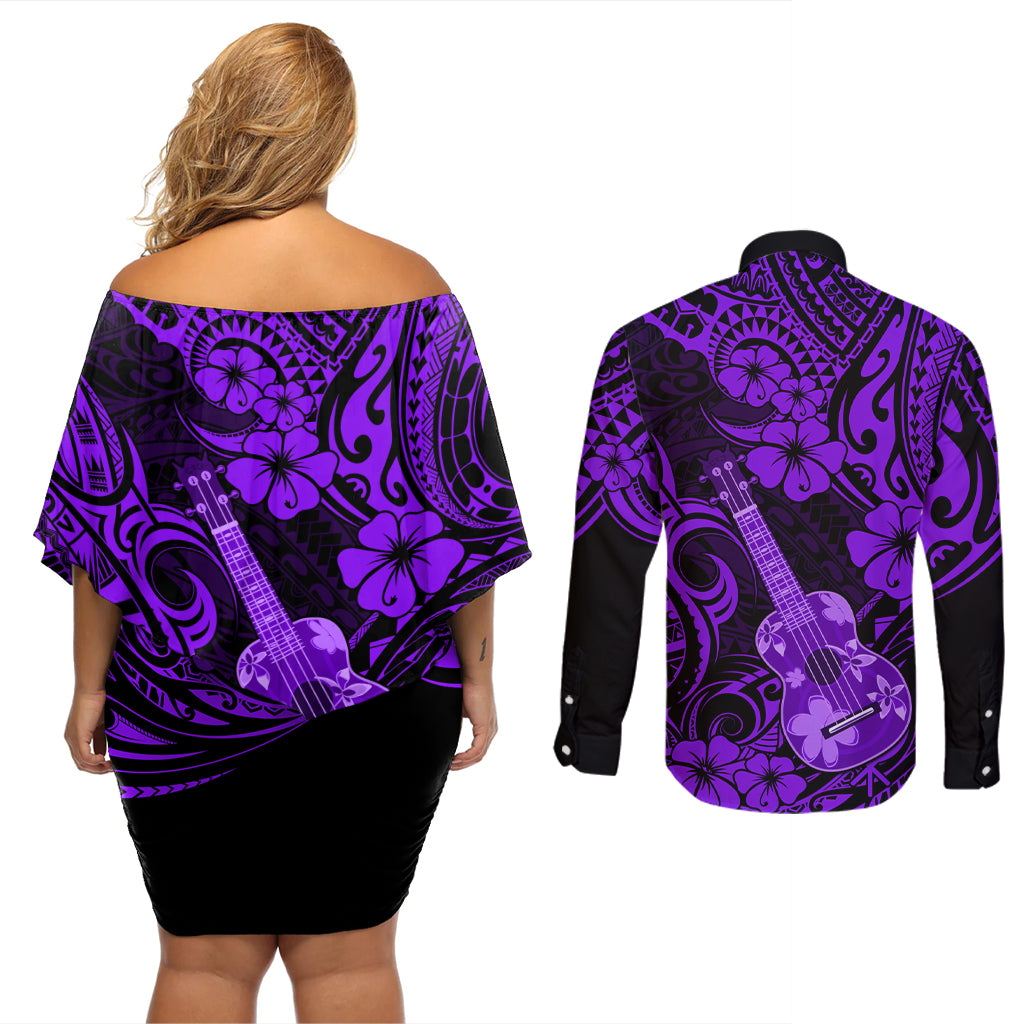 Hawaii Ukulele Couples Matching Off Shoulder Short Dress and Long Sleeve Button Shirts Polynesian Pattern Purple Version LT01 - Polynesian Pride