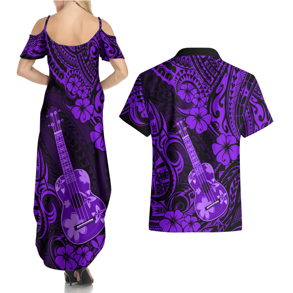 Hawaii Ukulele Couples Matching Summer Maxi Dress and Hawaiian Shirt Polynesian Pattern Purple Version LT01 - Polynesian Pride