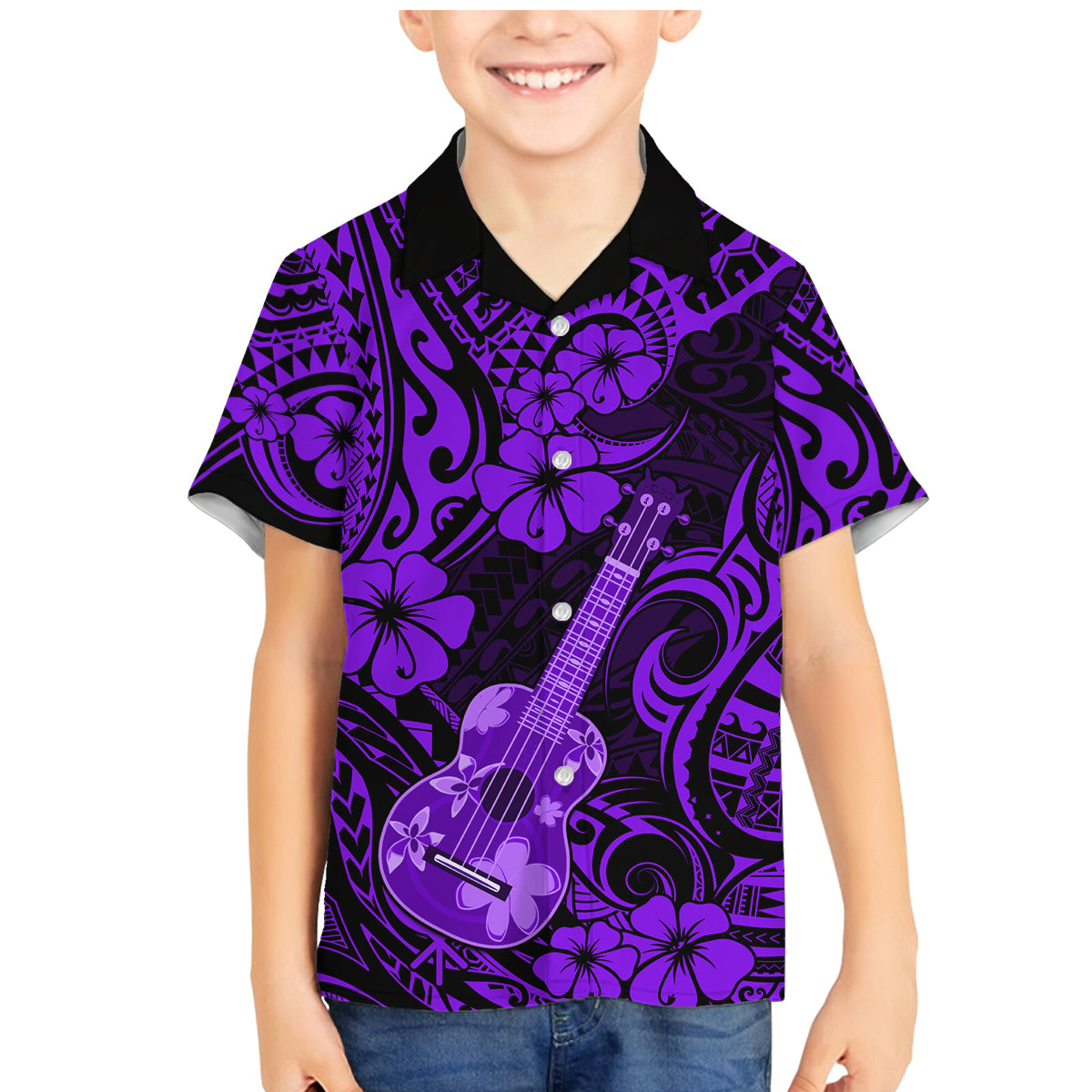 Hawaii Ukulele Family Matching Mermaid Dress and Hawaiian Shirt Polynesian Pattern Purple Version LT01 Son's Shirt Purple - Polynesian Pride